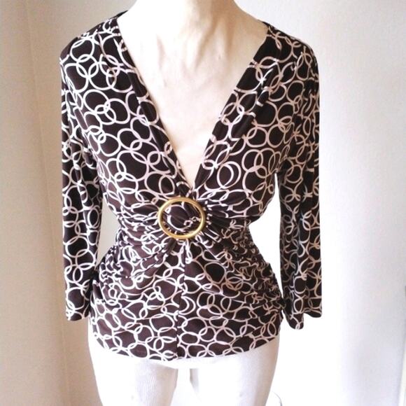 Y2k VNTG Brown Top Sz M GEOMETRIC V-Neck Wrap 3/4 Sleeve Babydoll Retro Artsy - Picture 1 of 8